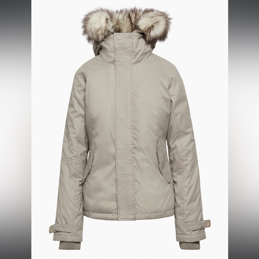Aritzia Women's Taupe Ski Jacket with Faux Fur Hood